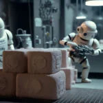 a group of toy action figures standing around a room