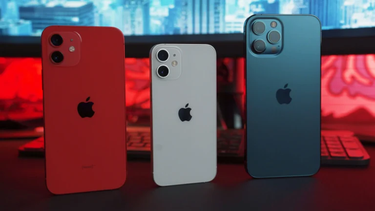 a picture of three iphones on top of a desk