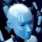 some blue and white robot suits with white hands